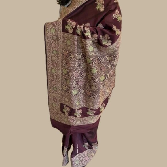 Maroon Purple Eggplant Silk Saree Rose Embroidered Floral Border Wedding - Picture 14 of 15